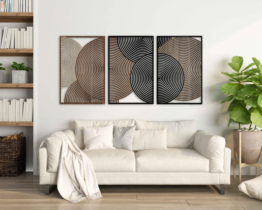 Textured Wood Wall Art With Modern Overlapping Circle Design, Mid Century Wall Panels, Abstract Geometric Wooden Decor, Boho Home Gift #115