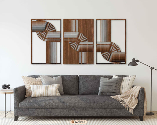 Abstract Wood Wall Art Set Of 3, Geometric Curved Line Decorative Panels, Mid Century Modern Wooden Decor, Scandinavian New House Gift #89
