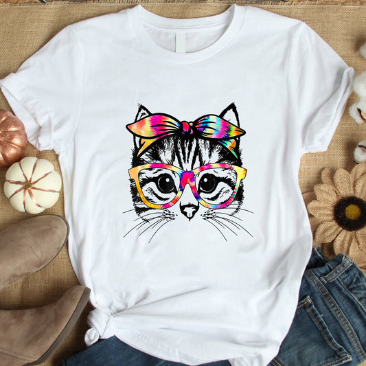 Cute Cat Face Tie Dye Glasses Shirt, Mothers Day Gift TShirt, Black Cat Shirt, Cat Lovers Tee, Cat Mama Shirt, Cat Lover Gift, Cat Owner Tee