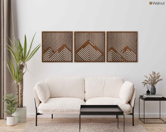 Geometric Mountain Wooden Wall Art, Large Wood Wall Art Of Mountain Wood Wall Decor Over The Bed 3 Piece Mountain Wall Art Gift For The Home