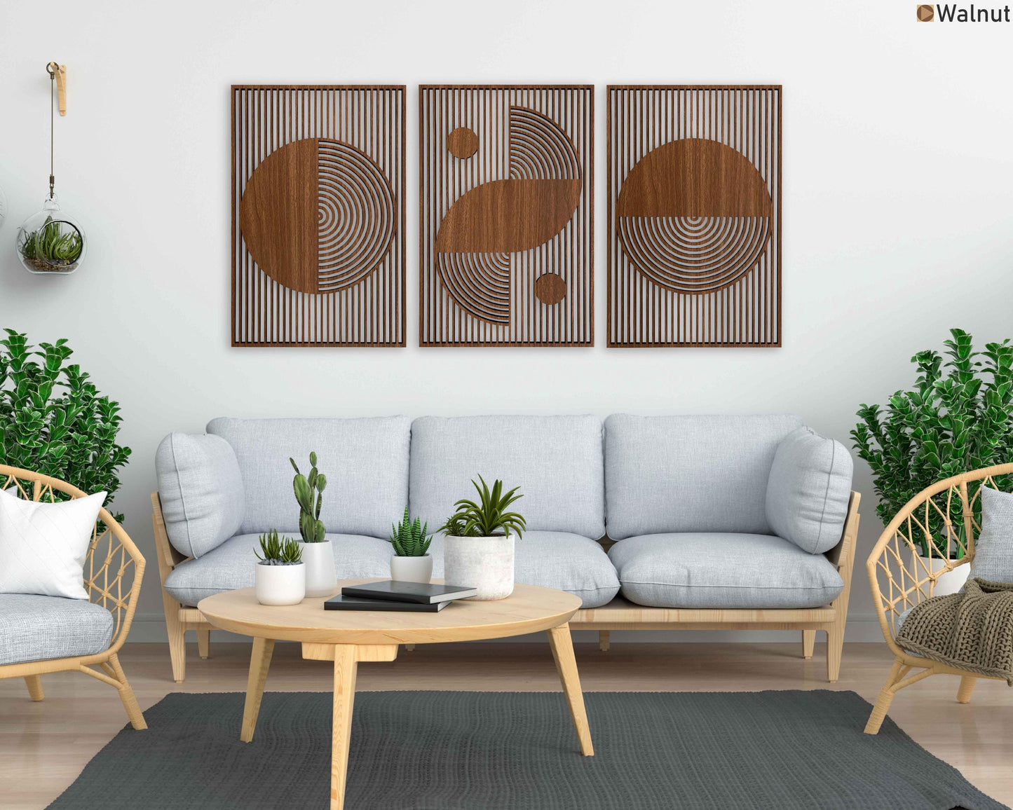 Abstract Boho Wood Wall Art, Bauhaus Inspired Geometric Design, Mid Century Modern Wall Decor, 3 Panel Wooden Set, Statement Home Gift #54