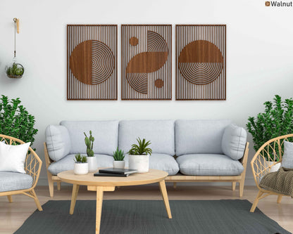 Abstract Boho Wood Wall Art, Bauhaus Inspired Geometric Design, Mid Century Modern Wall Decor, 3 Panel Wooden Set, Statement Home Gift #54