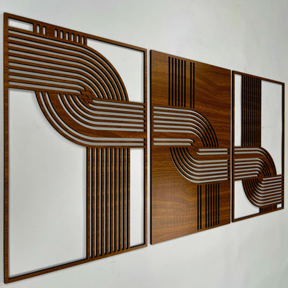 Mid-century Modern Wooden Triptych Set, Abstract Curved Line Wood Wall Art, Large Boho Living Room Minimalist Wall Panels, New Home Gift #89