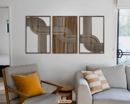 Mid-century Modern Wooden Triptych Set, Abstract Curved Line Wood Wall Art, Large Boho Living Room Minimalist Wall Panels, New Home Gift #89