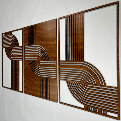 Abstract Wood Wall Art Set Of 3, Geometric Curved Line Decorative Panels, Mid Century Modern Wooden Decor, Scandinavian New House Gift #89