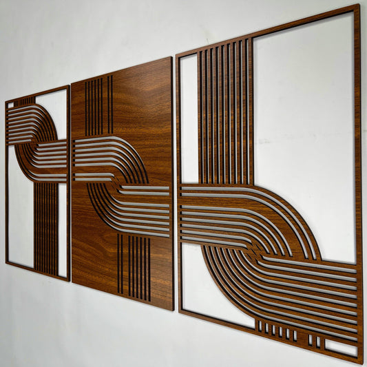 Abstract Wood Wall Art Set Of 3, Geometric Curved Line Decorative Panels, Mid Century Modern Wooden Decor, Scandinavian New House Gift #89