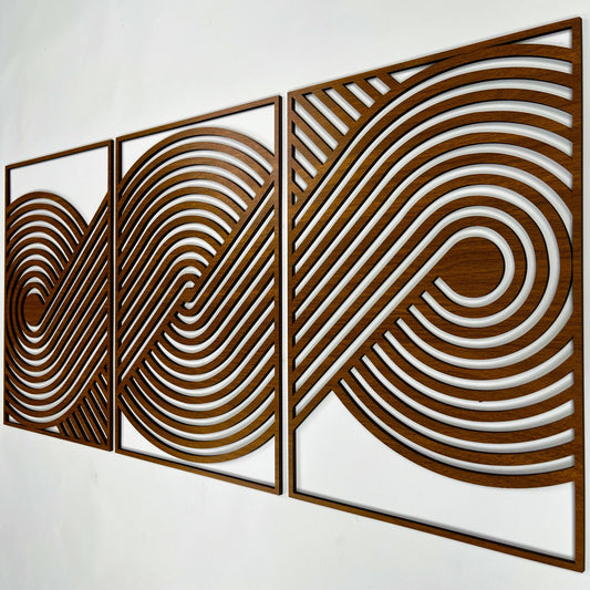 Geometric Flow Wood Wall Art, Abstract Curved Line Triptych Panels, Mid Century Modern Wooden Wall Decor, Large Boho Housewarming Gift #96